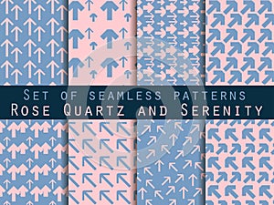 Set of seamless patterns with arrows. Rose quartz and serenity violet colors. Vector illustration.