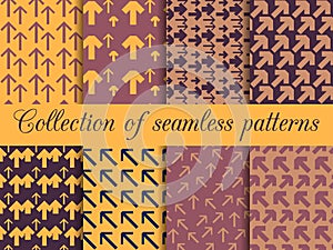 Set of seamless patterns with arrows. For wallpaper, bed linen, tiles, fabrics, backgrounds.