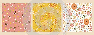 Set of seamless patterns with bees and flowers. Vector graphics
