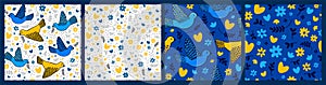 Set of seamless patterns and a card of doves