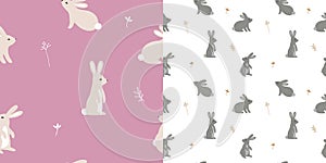 Set of Seamless Patterns with Cartoon Rabbits. Vector Texture for Easter Stuff. Cute Little Bunnies Illustration