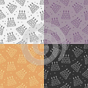 Set of seamless patterns with Celebratory tiered cake with burning candles. Dessert for birthday celebration. Ornament for