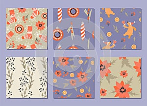 Set of seamless patterns for Christmas and New Year with decorations, plants and dancing bears