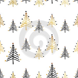 Set of seamless patterns with christmas trees in black and gold