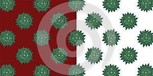 Set of seamless patterns of Christmas trees top view on a red and white background. Christmas trees decorated with balls