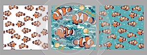 Set of seamless patterns with clown fish. Vector graphics