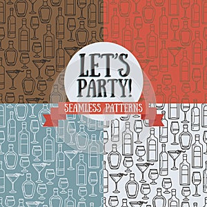 Set of seamless patterns with cocktails and bottles of alcohol