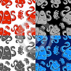 Set of seamless patterns with comedy and tragic theatrical masks. Theatrical premieres, circus poster. Vector