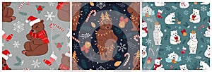 Set of seamless patterns with cute bears and Christmas elements.