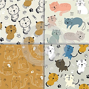 Set of seamless patterns with cute cats. vector illustration for textile,fabric
