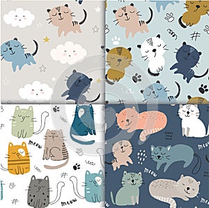 Set of seamless patterns with cute cats. vector illustration for textile,fabric