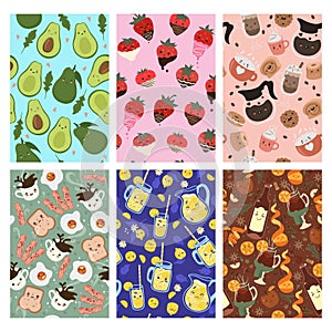 Set of seamless patterns with cute kawaii food. Vector graphics