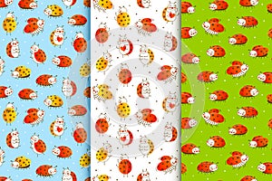 Set of seamless patterns with cute little ladybugs - cartoon backgrounds for funny children design