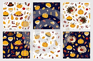 Set of seamless patterns with cute turkeys and autumn food  - cartoon backgrounds for cozy Thanksgiving textile or wrapping paper