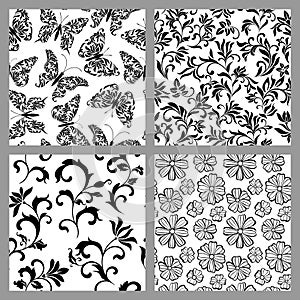 A set of seamless patterns with decoration tracery on a white background