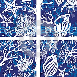 Set of Seamless patterns with decorative Shells Corals Seastars