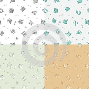 Set of seamless patterns with doodle linear icons. Geography,globe,calculator,university,chemistry,bus,geometry. Ornament for