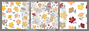 Set of seamless patterns of flowers and rabbits