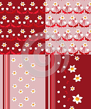 Set of seamless patterns with flowers and strips.