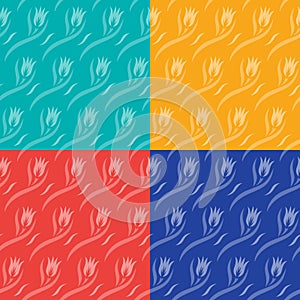 Set of seamless patterns with flowers tulip buds, leaves and waves.