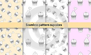 Set of Seamless Patterns Food Cupcakes Black and White