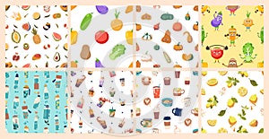 Set Of Seamless Patterns With Fruits, Vegetables And Various Drinks. Vector Tile Backgrounds With Pumpkins, Lemons