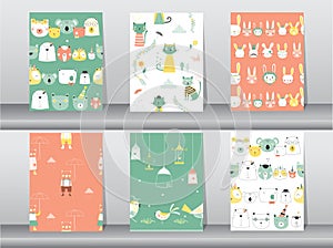 Set of seamless patterns with funny cartoon animals,bear,cat,bird,Vector illustrations