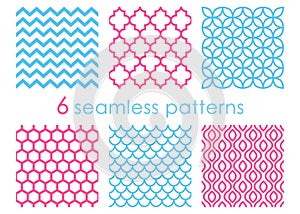 Set of seamless patterns. Geometric backgrounds. Abstract textures. Mermaid pattern. Chevron backdrop. Hexagon