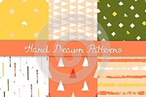 Set of seamless patterns with geometric designs. Circle triangle rhombus stripe in red orange pink yellow green. Hand drawn.