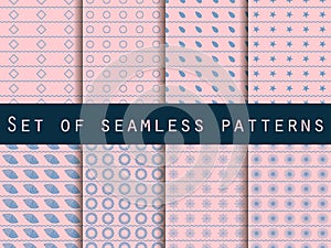 Set of seamless patterns with geometric shapes. Rose quartz and serenity violet colors.