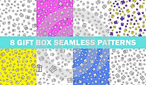Set of seamless patterns with gift boxes . Vector set of 8 abstract seamless patterns with gift boxes . Outline style