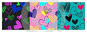 Set of Seamless patterns with hand-drawn hearts. Pop art for Valentine's Day in bright trendy retro colors.