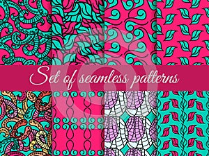 Set of seamless patterns hand drawn, seamless backgrounds, hand-drawn doodles seamless pattern. Vector