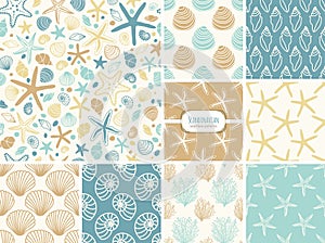 Set of seamless patterns with hand drawn seashells, neutral colors marine theme in minimal scandinavian style