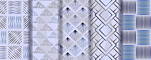 Set of Seamless patterns of hand drawn sketches hatching blue backgrounds. Repeating texture Wallpaper of lines. Geometric tiles