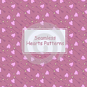 A set of seamless patterns with hearts and arrows