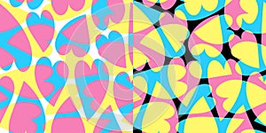Set of seamless patterns with hearts in CMYK colors on white and black background