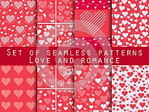 Set of seamless patterns with hearts. Valentine`s Day. Love patterns. Red color. Vector