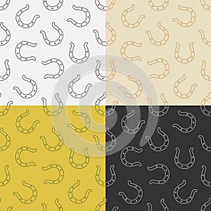 Set of seamless patterns with horseshoe for horse. Symbol of good luck and happiness in culture. Ornament for decoration and