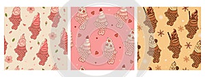 Set of seamless patterns with ice cream in taiyaki fish. Vector graphics