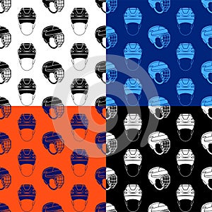 Set of seamless patterns with ice hockey helmets. Ice hockey field player protective gear. Ornament for decoration and printing on