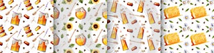 Set of seamless patterns with jar of honey, sunflower, bees and honey.Great for textile, fabric, paper wallpaper.