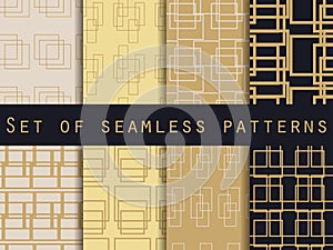 Set seamless patterns with lines and squares. Gold and black color. Vector illustration.