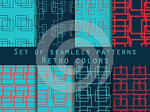 Set seamless patterns with lines and squares. Retro colors, blue, red and dark blue.