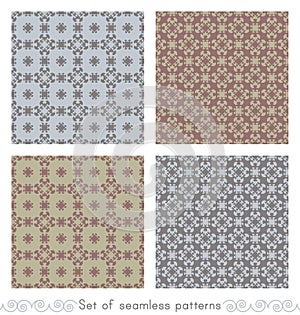 Set of seamless patterns with little hearts. Color light blue, light green, grey and burgundy red . Vector.