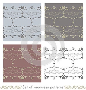 Set of seamless patterns with little hearts. Color light blue, light green, white, grey and burgundy red . Vector.