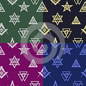 Set of seamless patterns with Masonic symbols. Colored simple geometric backgrounds.