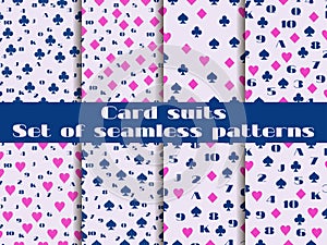 Set of seamless patterns with playing cards suits. Numerals card