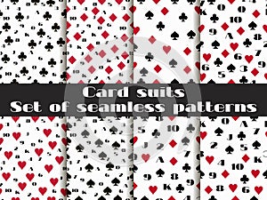 Set of seamless patterns with playing cards suits. Numerals card