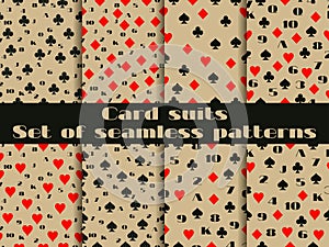 Set of seamless patterns with playing cards suits. Numerals cards.